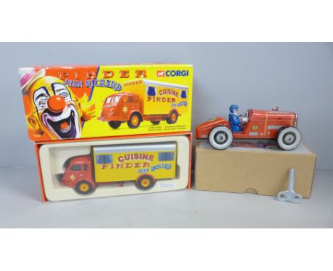 A Corgi Pinder Jean Richard model, together with a tin plate car 