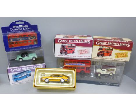 A collection of seven model vehicles, Atlas Editions and Vanguards, boxed 
