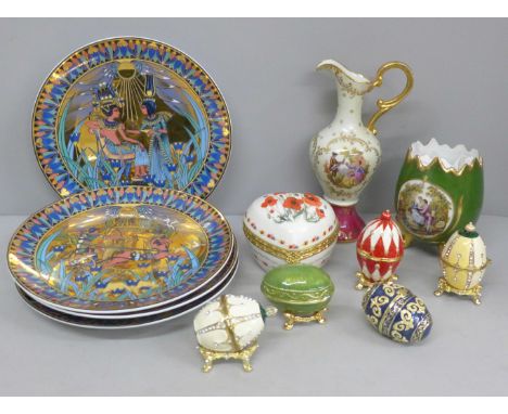 A collection of trinket boxes including egg shaped with rhinestone detail, a set of four Royal Worcester, Tutankhamun and Ank