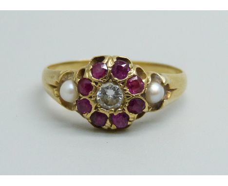 A vintage yellow metal, diamond, ruby and pearl ring, 2.1g, K/L, (tests as 18ct gold) 