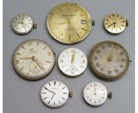 Eight wristwatch movements; a gentleman's Tudor by Rolex, Bueche-Girod, Cyma, a lady's Omega, Zenith and three Tissot 