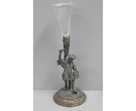 A plated epergne with a figural base and a matched glass trumpet, a/f 