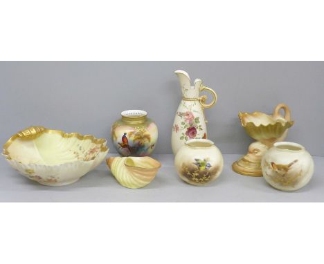 A collection of Royal Worcester, seven pieces including hand painted globular vase by H Martin, woodland scene with pheasants