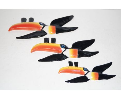Set of three graduating Carltonware wall plaques modelled as Guinness Toucans in flight  