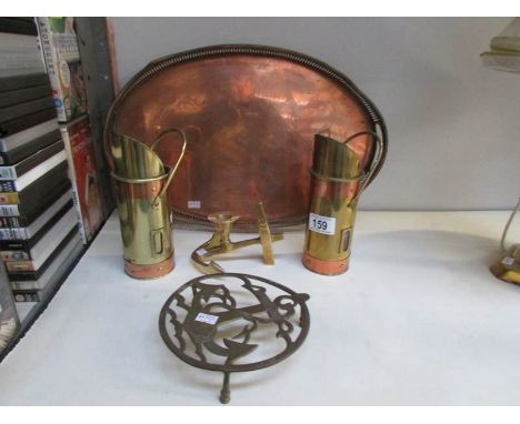 A gallery tray, a pair of 'scuttle' vases, anchor candlestick and trivet