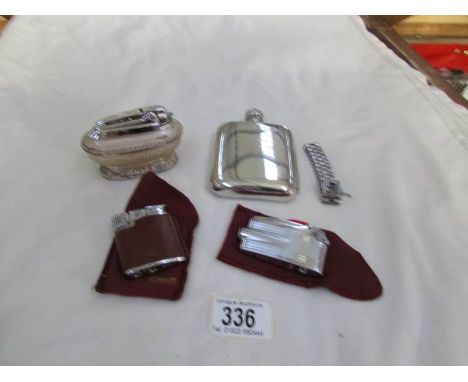 3 cigarette lighters including Ronson, a hip flask and a silver bracelet