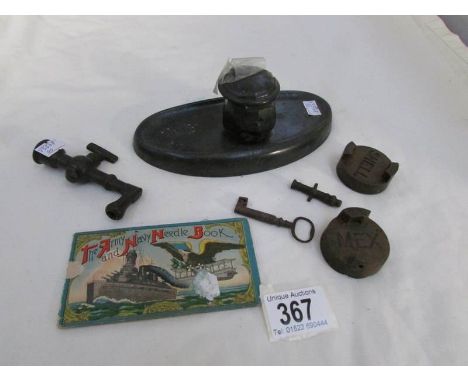 A mixed lot including inkwell (a/f), Shell and Mex petrol caps etc