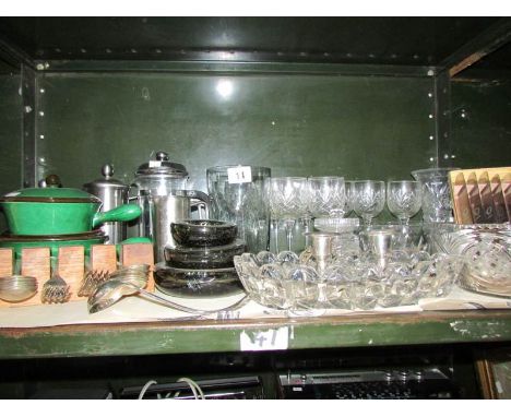 A shelf of assorted glass ware etc