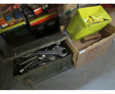 A metal box containing spanners and a box of tools etc