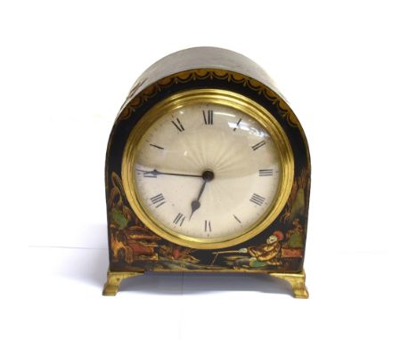 AN EARLY 20TH CENTURY CHINOISERIE MANTEL CLOCK  the 8cm diameter silvered circular dial with black Roman numerals, with a Fre