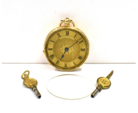 18CT GOLD SWISS OPEN FACE POCKET WATCH Circa 1860, 36.3mm diameter engraved case, engine turned dial with floral centre, blac