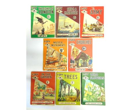 EIGHT I-SPY BOOKS  comprising three colour series titles, In the Garden; Trees; and Wild Flowers; together with No.11, The Si