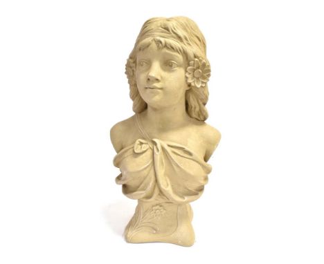 AN ART NOUVEAU STYLE PAINTED CAST CONCRETE BUST OF A YOUNG WOMAN of comparatively modern manufacture, marked verso '407 / FRA