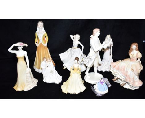 NINE ASSORTED FIGURINES  comprising a Royal Worcester 'Claire, Summer Romance', 19cm high; Royal Worcester 'Bride &amp; Groom