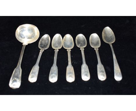 VICTORIAN SILVER SPOONS &amp; LADLE Of fiddle, thread and shell design with picture backs, variously hallmarked London 1840-1