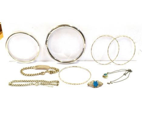 VARIOUS SILVER JEWELLERY ITEMS To include three faceted bangles, one square and one round profile bangle, curb link identity 