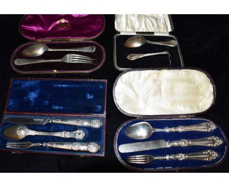 ANTIQUE CASED SILVER FLATWARE  To include a Georgian set hallmarked Sheffield 1837, makers mark AH, a baby spoon and pusher, 