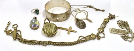 A QUANTITY OF SILVER JEWELLERY To include a Victorian silver chatelaine, a belt cuff bangle, hallmarked Chester 1947, an engr