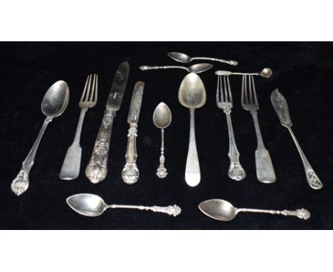 VARIOUS ANTIQUE SILVER FLATWARE To include embossed handled serrated knife with foliate engraved plated blade, dessert spoons