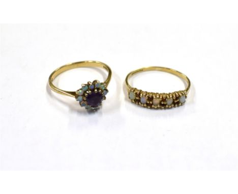 OPAL &amp; AMETHYST RINGS IN 9CT GOLD Heart shaped amethyst ring surrounded by a halo of opal cabochons, hallmarked 375 Sheff