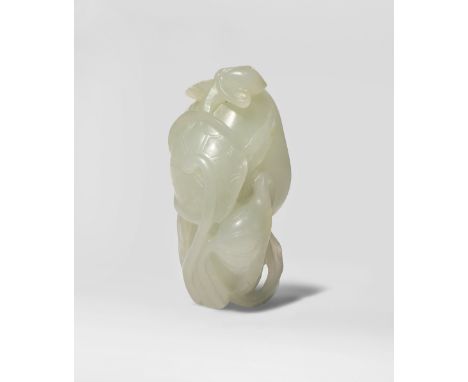 A CHINESE PALE CELADON JADE CARVING OF LOTUS SEED PODS QING DYNASTY OR LATER Formed as two large seed pods, with lotus leaves