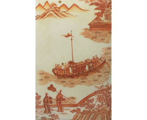 A CHINESE ROUGE-DE-FER PORCELAIN PLAQUE LATE QING DYNASTY Painted in iron-red and gilt with two figures standing on the bank 