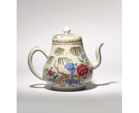 A LARGE CHINESE FAMILLE ROSE TEAPOT AND COVER QIANLONG 1736-95 The pear-shaped body painted in enamels and gilt with willow t