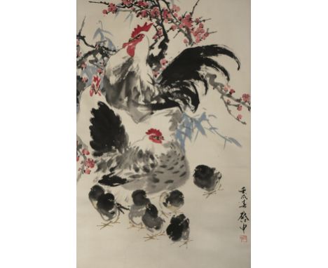 WU QIZHONG (1944- ) CHICKENS AND CHICKS A Chinese scroll painting, ink and colour on paper, dated ren xu year (1982), signed 