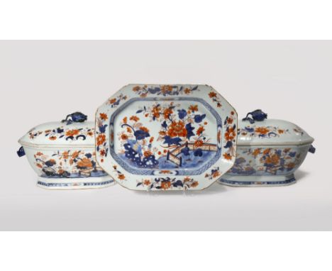 A NEAR PAIR OF CHINESE IMARI TUREENS AND COVERS QIANLONG 1736-95 The bodies painted with flowers blooming in a garden, with h
