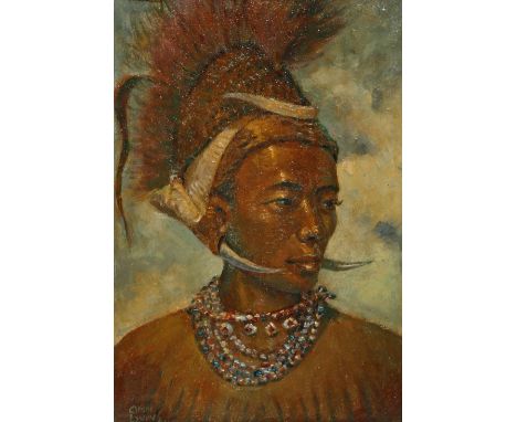 U OHN LWIN (1907-88) PORTRAIT OF A NAGA WARRIOR A Burmese painting, oil on board, signed Ohn Lwin and dated 61, framed, 30.7c