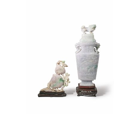 A CHINESE JADEITE BALUSTER VASE AND COVER AND A JADEITE 'BIRDS AND PEACHES' CARVING 19TH CENTURY AND REPUBLIC PERIOD The vase