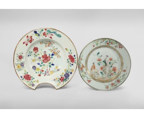 A CHINESE FAMILLE ROSE BARBER'S BOWL AND A 'PHEASANTS' PLATE 18TH CENTURY The barber's bowl brightly decorated with peony, da
