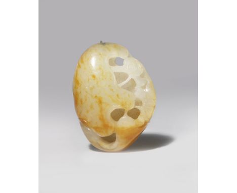 A CHINESE PALE CELADON JADE PENDANT LATE QING DYNASTY Carved as lotus leaves curled together concealing flower buds, the ston