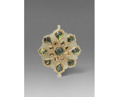 A MOGHAL GEM-SET PALE CELADON JADE PENDANT 18TH CENTURY Shaped as a flowerhead, one side inset with diamonds and hardstone pe