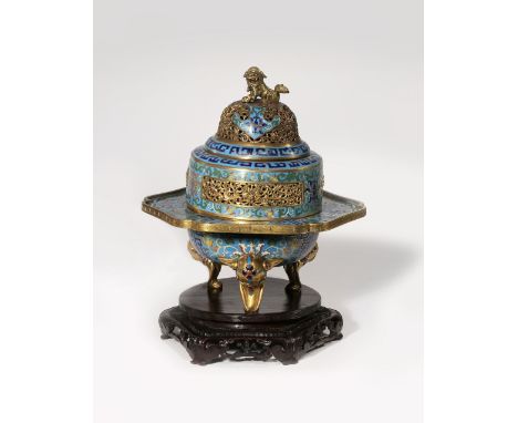 A CHINESE CLOISONNE INCENSE BURNER AND COVER PROBABLY LATE QING DYNASTY Decorated with lotus scrolls and geometric patterns a
