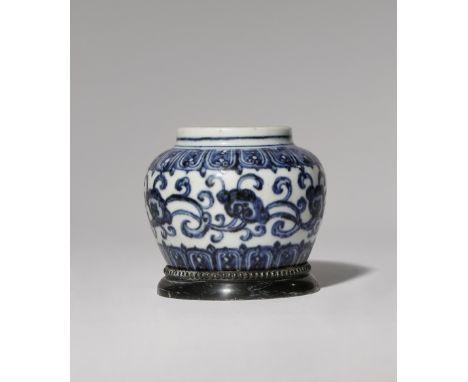 A SMALL CHINESE BLUE AND WHITE MING-STYLE JAR PROBABLY QING DYNASTY Decorated with a continuous flower scroll beween bands of