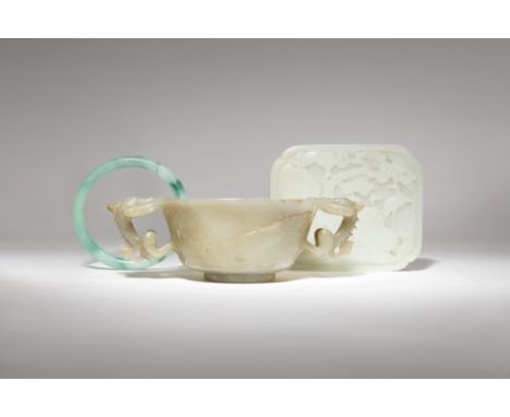 TWO CHINESE JADE ITEMS AND A GLASS BANGLE QING DYNASTY AND LATER Comprising: a two-handled bowl, a rectangular plaque carved 