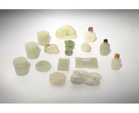 A COLLECTION OF SMALL CHINESE JADE ITEMS QING DYNASTY AND LATER Comprising: three cylindrical boxes and covers with four char