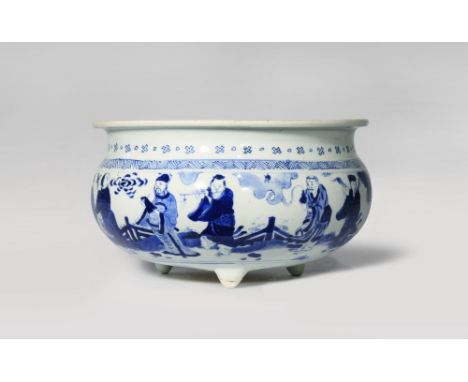 A CHINESE BLUE AND WHITE 'BAXIAN' TRIPOD INCENSE BURNER KANGXI 1662-1722 The compressed circular body with a flared everted r