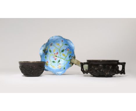 THREE SMALL CHINESE BOWLS KANGXI AND LATER One carved from coconut with a monkey, deer, birds and insects amongst blossoming 