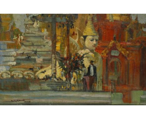 U THAN AUNG (1936-2000) AT THE SHWEDAGON PAGODA A Burmese painting, oil on canvas, signed and dated 4-2-78, framed, 24.7cm x 