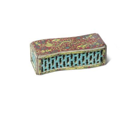 A CHINESE FAMILLE ROSE RETICULATED SCROLL WEIGHT 19TH CENTURY Painted in green and yellow enamels with a dragon and precious 