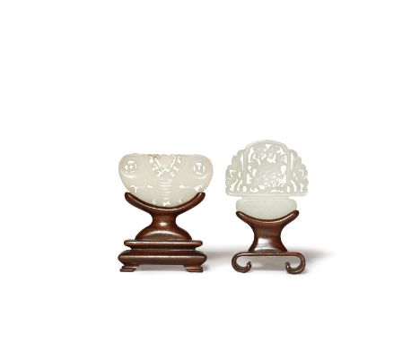 TWO CHINESE PALE CELADON JADE PLAQUES QING DYNASTY One carved as a basket of flowers, the other as a butterfly, both with woo