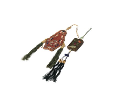 A CHINESE WOOD 'BATS AND PEACHES' PENDANT AND EMBROIDERED SILK POUCH QING DYNASTY OR LATER The rectangular pendant probably a
