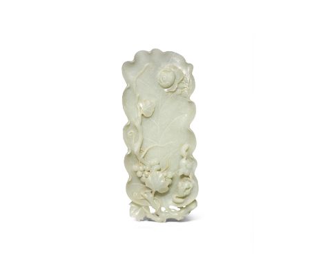 A CHINESE CELADON JADE 'SQUIRREL AND VINE' TRAY LATE QING DYNASTY Formed as a large leaf issuing from a branch, carved with t