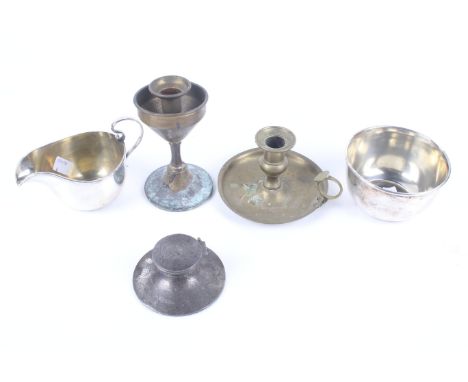 A silver small capstan shaped inkwell and other items. The silver inkwell with a detached lid engraved 'J.N. Archer Houblon 4