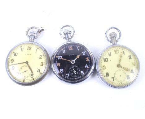 Three WWII 'Military' open face keyless pocket watches. Comprising; 'Elgin Nat' l Watch Co. U.S.A.' a chrome plated example w