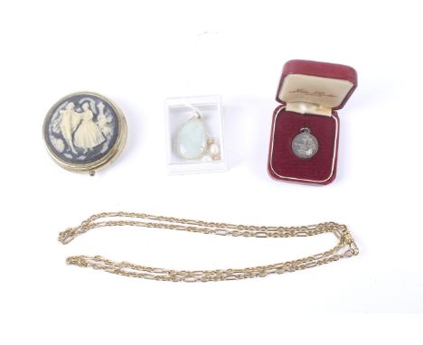 A Chinese pale-green jade drop-shaped pendant and other items. Comprising; the pendant overlaid with a dragon, the base stamp