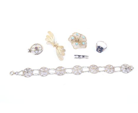 A small collection of jewellery including a gilt filigree Maltese cross panel bracelet. Stamped 'S'; a similar flower-head an