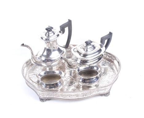A silver plated four piece tea and coffee service and a shaped oblong galleried tray. Max. H23cm